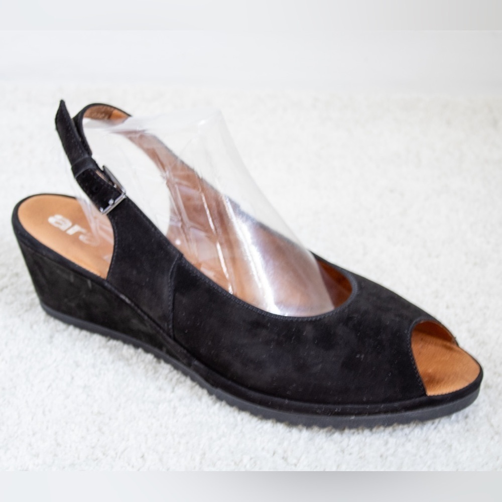 Ara Slingback Suede Leather Wedge Comfortable PeepToe Women’s Black Sandal Sz 11